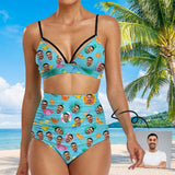 Custom Face Blue Triangle Bikini Personalized Two-piece Swimsuit