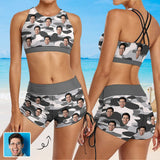 Custom Face Camouflage Drawstring Boyshorts Bikini Set Personalized High Waisted Bikini Bathing Suit