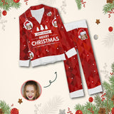 Custom Face Christmas Red Background Nightwear Personalized Women's Slumber Party Long Pajama Set