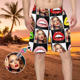 Custom Face Colorful Lips Lattice Personalized Photo Men's Elastic Beach Shorts