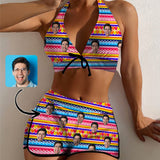 Custom Face Colorful Stripe Boyshorts Bikini Set Personalized Halter V Neck Top Athletic Bathing Suit High Waisted Bikini