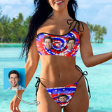 Custom Face Colorful Swirls Bikini Set Personalized Women's Off-Shoulder String Swimsuit