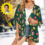 Custom Face Deep Green Flowers Personalized Women's Kimono Chiffon Cover Up