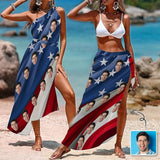 Custom Face Flag Just For You Women's Long Cover Up Skirt With Slit Swimsuit Beach Wrap For Independence Day