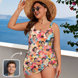 Custom Face Floral Pattern Women's One Piece Skirted Swimsuit