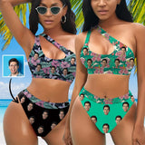 Custom Face Floral Women's Off-Shoulder Bikini Set One Shoulder Cutout Bikini Set Two Piece Bathing Suit