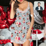 Custom Face Flowers Women's Cami V-Neck Lace Suspenders Nightdress Valentine's Day Pajama Gifts for Her