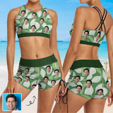 Custom Face Green Drawstring Boyshorts Bikini Set Personalized High Waisted Bikini Bathing Suit