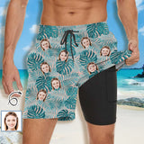 Custom Face Green Leaves Men's Quick Dry 2 in 1 Surfing & Beach Shorts Male Gym Fitness Shorts