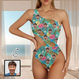 Custom Face Green Pineapple Women's Off Shoulder Side Cutout One Piece Swimsuit Personalized Photo Bathing Suit