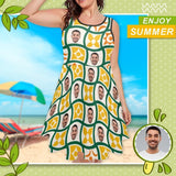 Custom Face Green Plaid Yellow Flowers Sleeveless Expansion Dress for Women