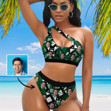 Custom Face Green Women's Off-Shoulder Bikini Set One Shoulder Cutout Bikini Set Two Piece Bathing Suit