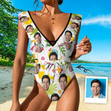 Custom Face Happy Trip V Neck Ruffle One Piece Swimsuit Sexy Belt Custom Picture Bathing Suit Tie Back