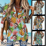 Custom Face Hawaiian Shirts Pineapple Women's Cropped Hem Casual Long Sleeve Shirt