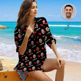 Custom Face I Love You&Red Heart One Piece Cover Up Dress Thin Personalized Women's Short Sleeve Beachwear Coverups