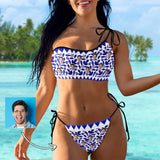 Custom Face Leaves Bikini Set Personalized Women's Off-Shoulder String Swimsuit