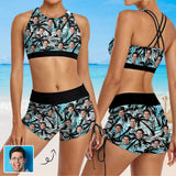 Custom Face Leaves Drawstring Boyshorts Bikini Set Personalized High Waisted Bikini Bathing Suit