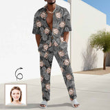 Custom Face Leaves Men's 2 Piece Linen Set Beach Pants and Shirt Set Summer Vacation Outfits for Men