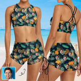 Custom Face Leaves&Flowers Drawstring Boyshorts Bikini Set Personalized High Waisted Bikini Bathing Suit