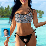 Custom Face Leopard Bikini Set Personalized Women's Off-Shoulder String Swimsuit