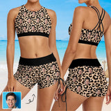 Custom Face Leopard Drawstring Boyshorts Bikini Set Personalized High Waisted Bikini Bathing Suit