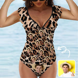 Custom Face Leopard Pattern V-Neck Ruffle 2-Piece Tankini Swimsuit