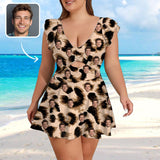 Custom Face Leopard Pattern Women's Ruffle Sleeve Skirted Swimsuit