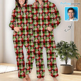 Custom Face Red&Green Grid Unisex Adult Hooded Onesie Jumpsuits with Pocket Personalized Zip One-piece Pajamas for Men and Women