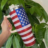 American Flag 40 Oz Rhinestone Tumbler Bling Stainless Steel Tumbler With Handle and Straw Lid