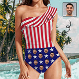 #July 4-4th of July Custom Face USA Flag Swimwear Personalized Women's One Shoulder Ruffle One Piece Swimsuit