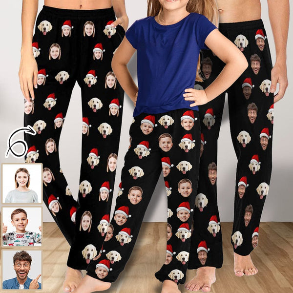 Custom Pet Face Christmas Hat Family Matching Long Pajama Pants ...