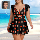 Custom Face Love Heart Women's Ruffle Sleeve Skirted Swimsuit - Black