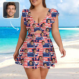 Custom Face USA Flag Style Women's Ruffle Sleeve Skirted Swimsuit