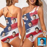 Custom Face USA Flag Style Women's One Shoulder Keyhole One Piece Swimsuit Custom Picture Bathing Suit