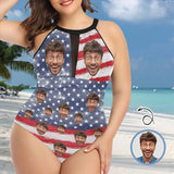 Custom Face US Flag Women's One Piece Swimsuit High Neck Plunge Mesh Ruched Monokini Swimwear