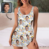 Custom Face Little Yellow Flower Pattern Women's One Piece Skirted Swimsuit