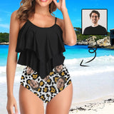 #Tankini Set #Double Ruffled Tankini Custom Face Leopard Ruffle Tankini Personalized Bathing Suit Summer Swimsuit Women's High Waisted Double Ruffle Bikini Set