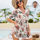 Custom Face Pink Flower Chiffon Shirt Dress Cover Up Thin Personalized Women's V-Neck Bikini Beach Tunic Top