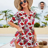Custom Face Red Lips Heart Flower Chiffon Shirt Dress Cover Up Thin Personalized Women's V-Neck Bikini Beach Tunic Top
