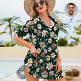 Custom Face White Flower Chiffon Shirt Dress Cover Up Thin Personalized Women's V-Neck Bikini Beach Tunic Top
