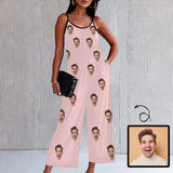 Custom Face Pink Funny Women's Summer Casual Spaghetti Strap V Neck Oversized Wide Leg Jumpsuit Pockets Beach Travel Outfits