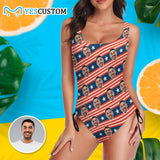 Custom Face Striped Flag Swimsuit Personalized Women's New Drawstring Side One Piece Bathing Suit Celebrate Holiday Party