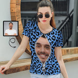 Custom Face Shirt Leopard Print Women's V-Neck T-Shirt Graphic Design Tee Your Face on A Shirt