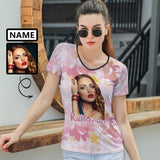 Custom Name&Face T-shirt Romantic Pink Women's V-Neck Shirt Graphic Design Tee for Female